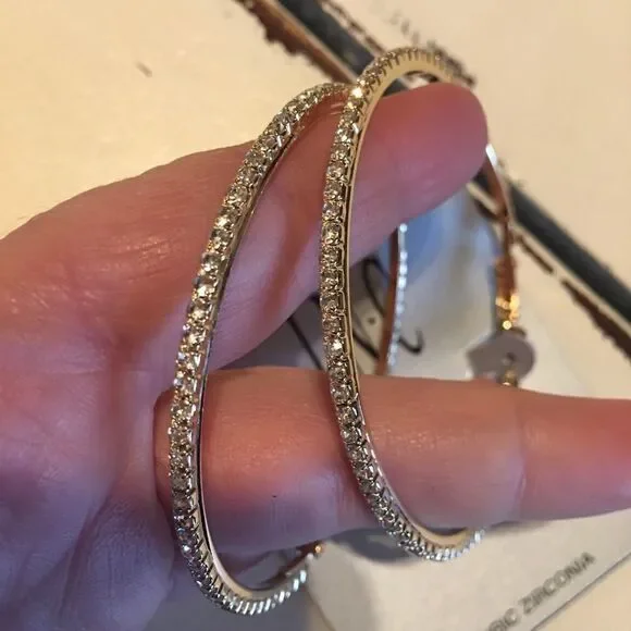 Large gold hoop earrings cubic zirconia - Picture 2 of 5